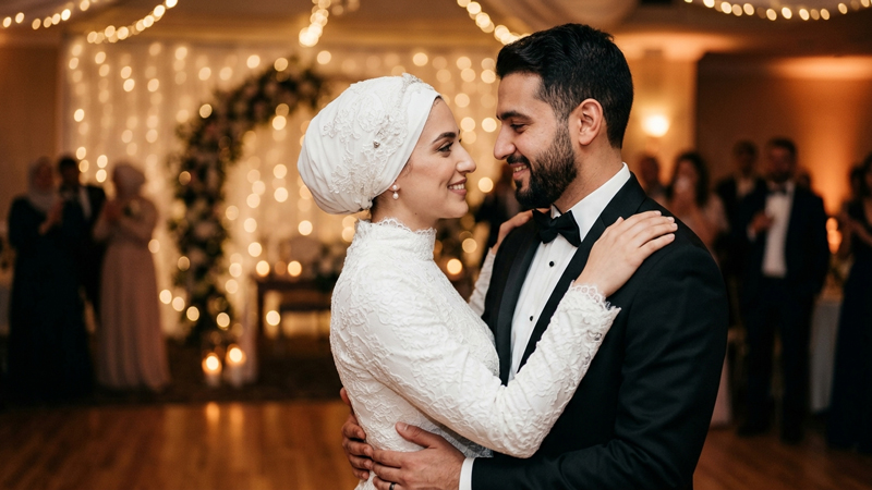 نگاه عاشقانه زوج جوان در حال رقص عروسی